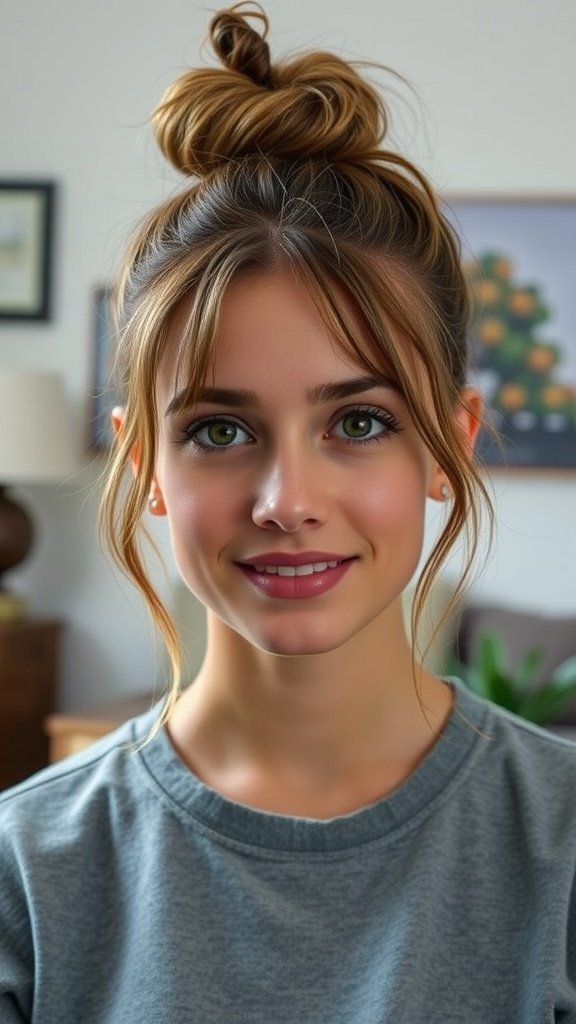 A woman with a messy bun and face-framing strands, smiling warmly.