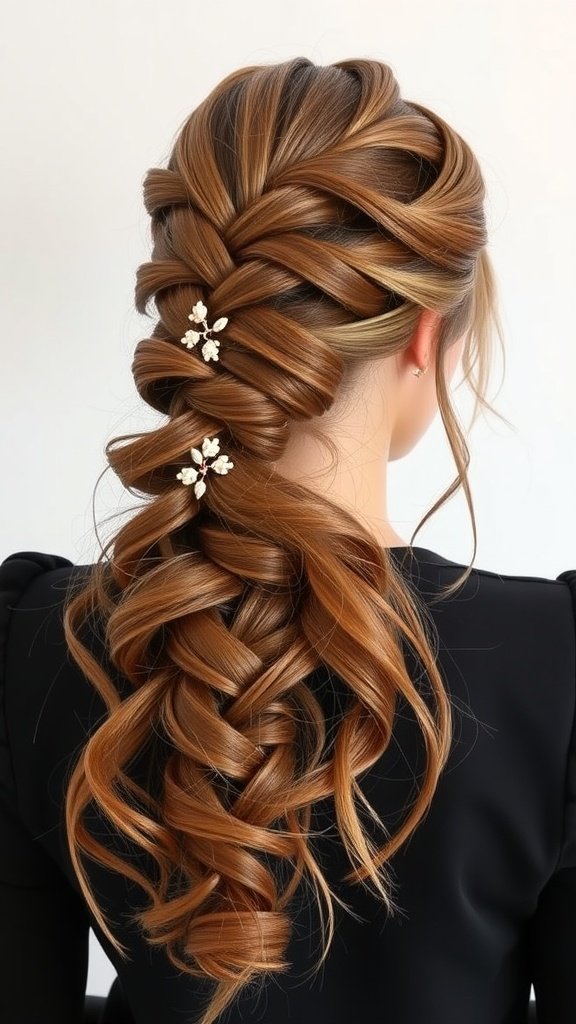 A beautiful braided updo with loose curls and decorative hair accessories.