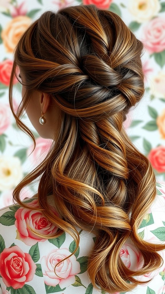 A beautiful half-up half-down twist hairstyle showcasing smooth, twisted sections and flowing hair, set against a floral background.