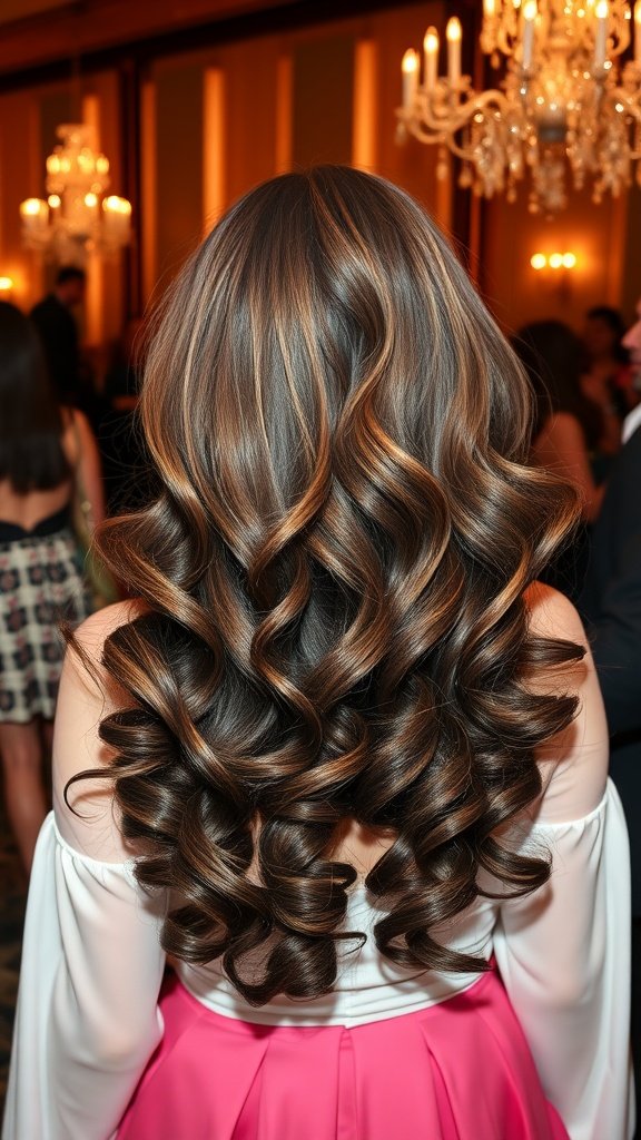A person with long, voluminous curls styled in a glamorous way.