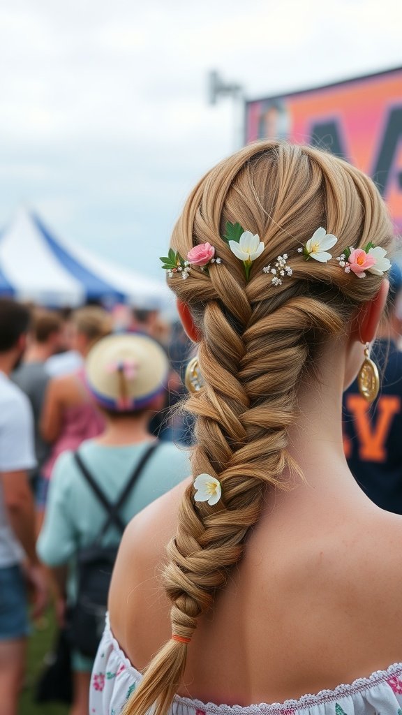 A woman with a bohemian crown braid adorned with flowers, standing in a crowd.