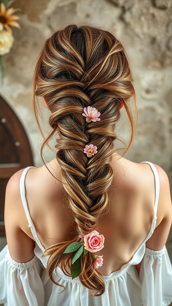 A romantic loose braid hairstyle with flowers