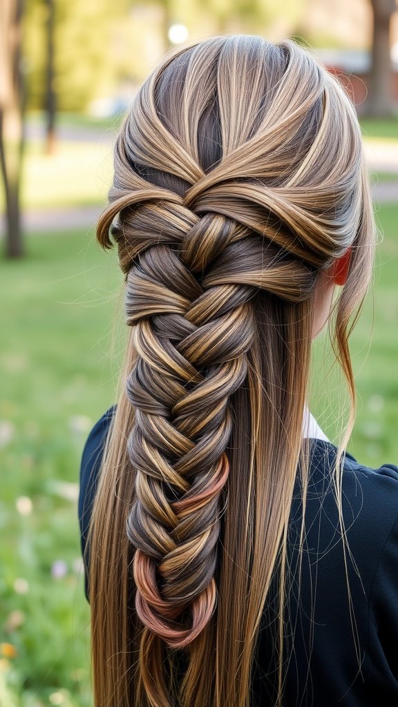 A beautiful fishtail braid hairstyle on long hair.