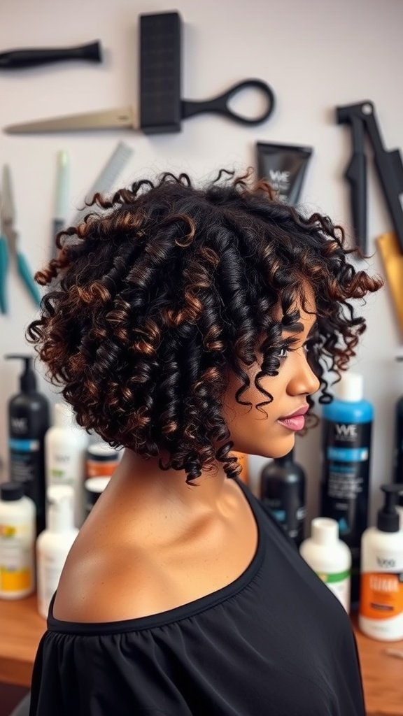 A woman with a textured curly bob hairstyle, featuring vibrant curls and a stylish look.