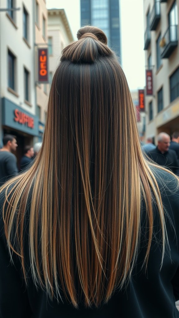 A person with long, straight hair styled with a top knot, showing an undercut hairstyle from the back.