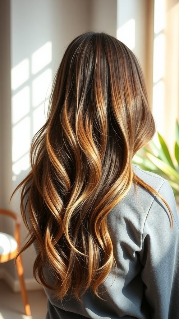 A person with long layered hair styled with subtle highlights, showcasing wavy texture and shine.