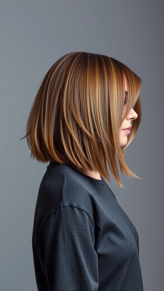 A stylish asymmetrical bob hairstyle with long layers, showcasing movement and dimension.