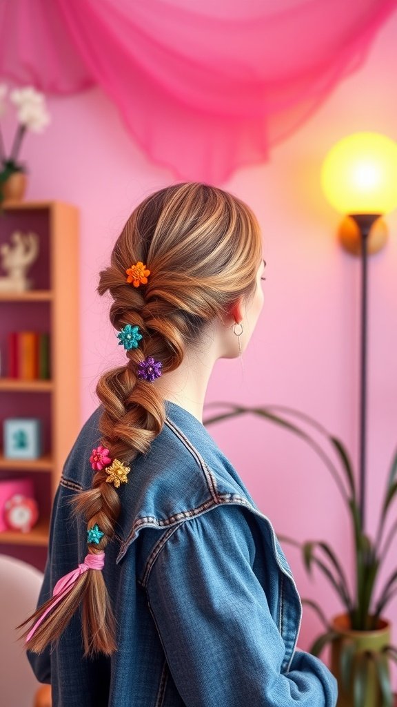 A woman with long hair styled in a side braid, decorated with colorful flowers and ribbons.