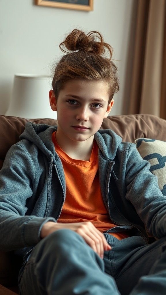 Teen boy with a messy bun hairstyle sitting on a couch.