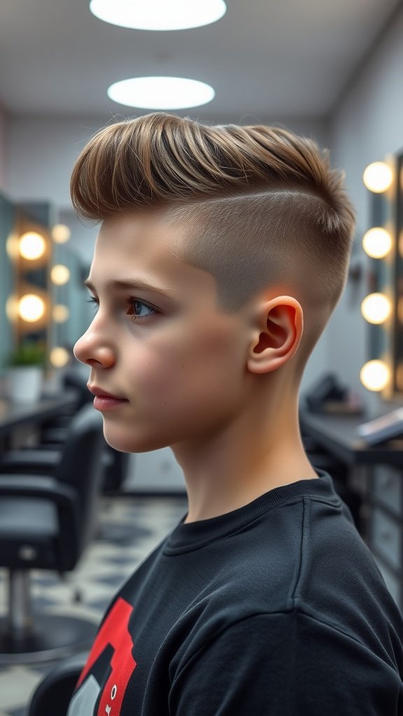 A teen boy with a stylish undercut hairstyle, featuring a slicked-back top.