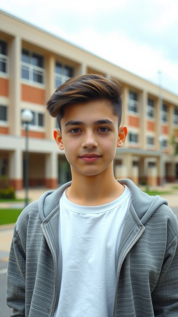 Teen boy with a side part and classic comb over hairstyle, wearing a gray hoodie and white shirt.