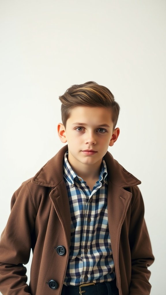 A teen boy with a stylish pompadour hairstyle, wearing a brown coat and a plaid shirt, posing against a plain background.