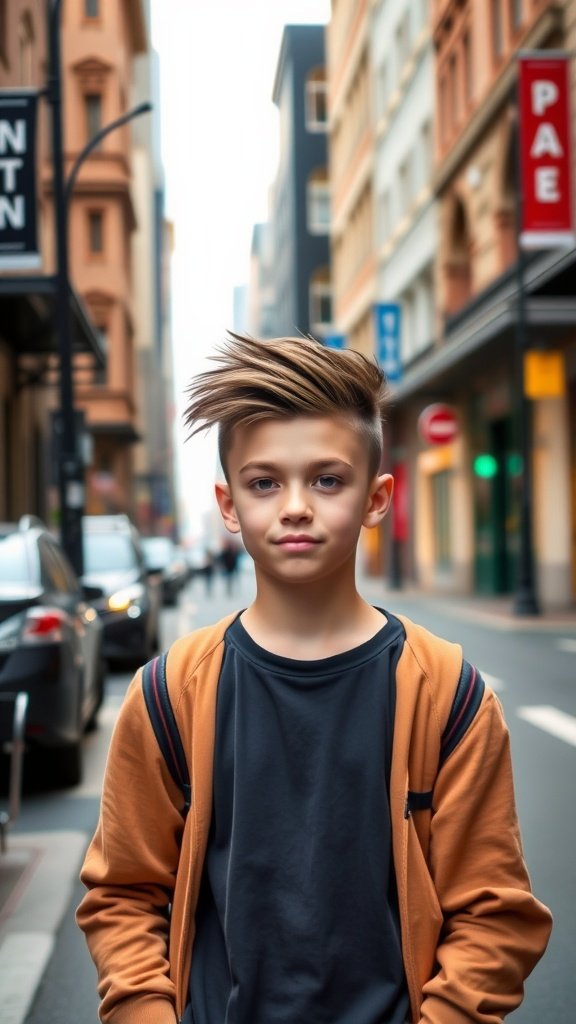 Teen boy wearing a faux hawk hairstyle, standing on a city street.