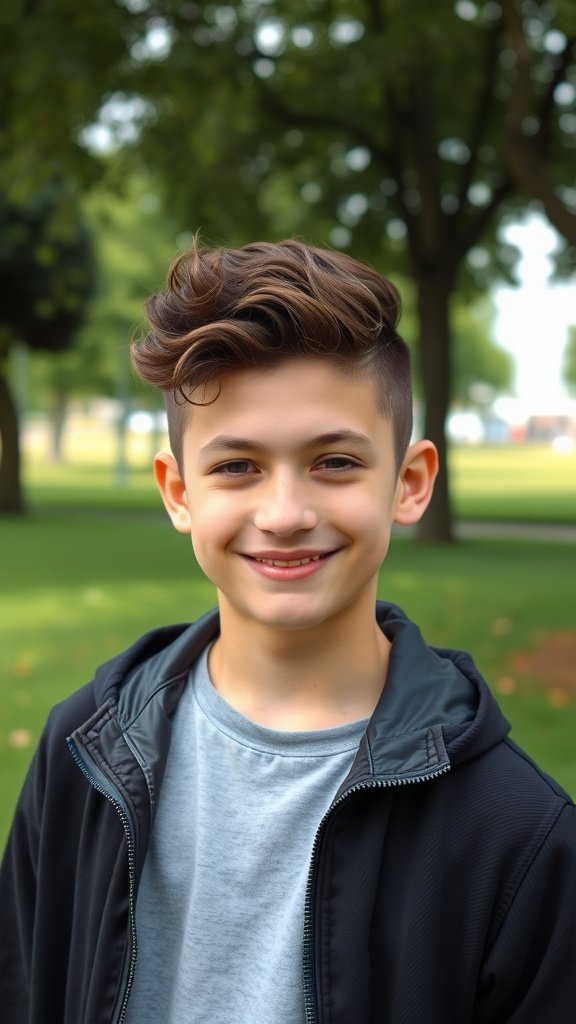 A teen boy with a fade hairstyle and curly top, smiling outdoors.
