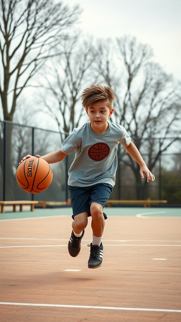 Teen boy with spiky hair dribbling a basketball on the court