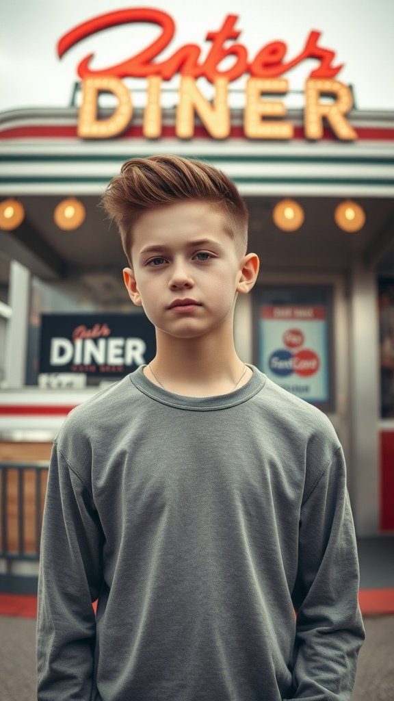 Teen boy with a vintage flat top hairstyle standing in front of a diner.