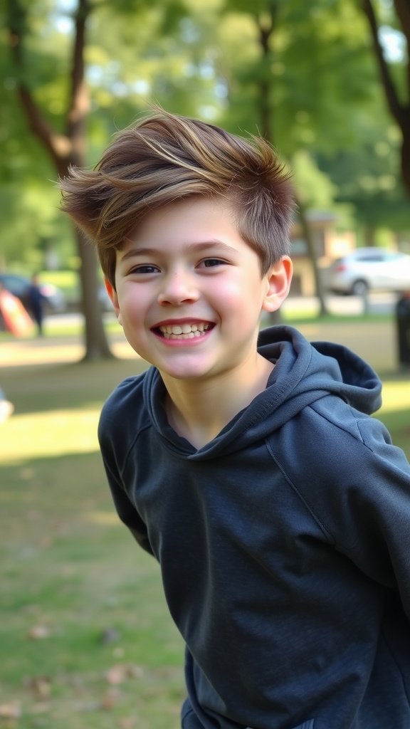 A smiling teen boy with a half-up hairstyle, looking happy in a park setting.