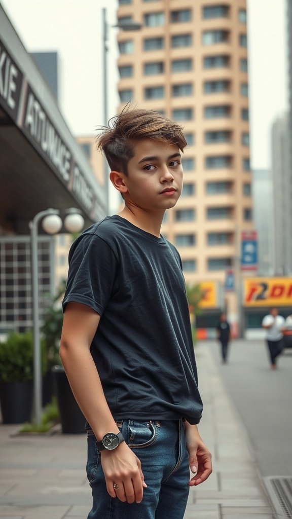 Teen boy with a disconnected undercut hairstyle, standing in an urban setting.
