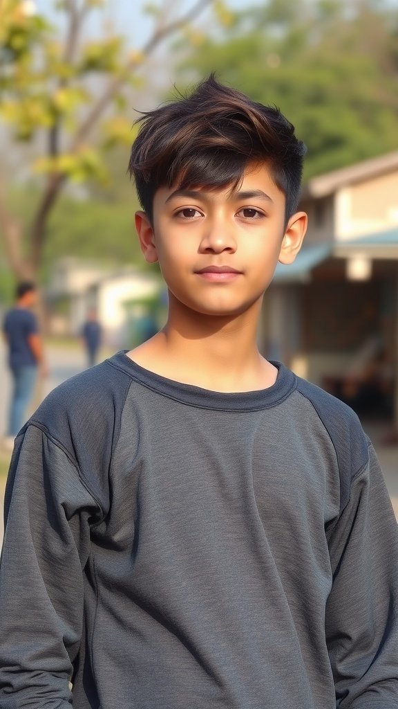 Teen boy with a textured crop hairstyle, wearing a dark sweater, outdoors.