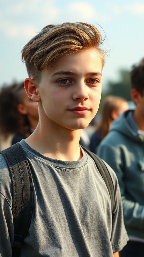 A young boy with natural curly hair, standing outdoors