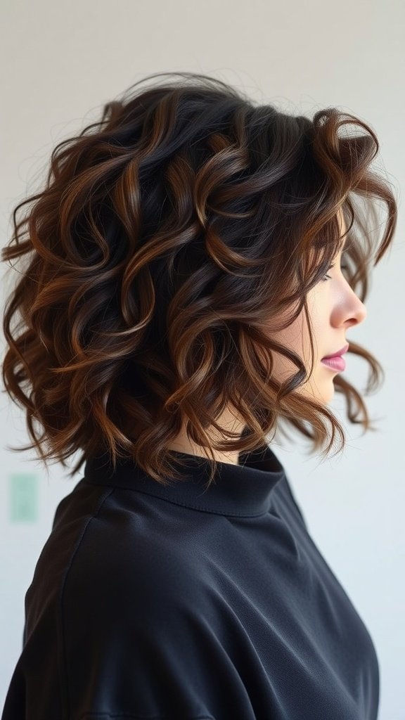 Woman with a curly bob hairstyle featuring tapered ends.