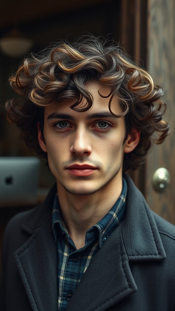 A young man with stylish vintage-inspired curly hair, wearing a plaid shirt and coat.
Curly hairstyles men