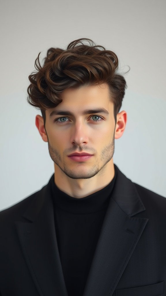 A man with curly hair styled in a side part, wearing a black suit and turtleneck.