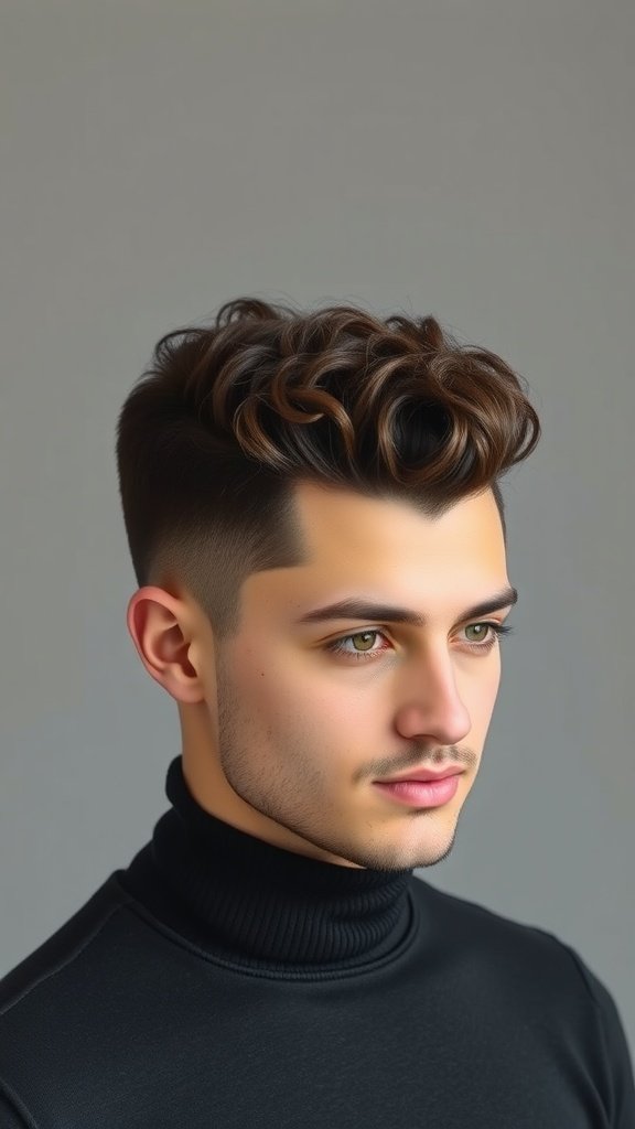 A man with a curly pompadour hairstyle, featuring voluminous curls on top and short sides.