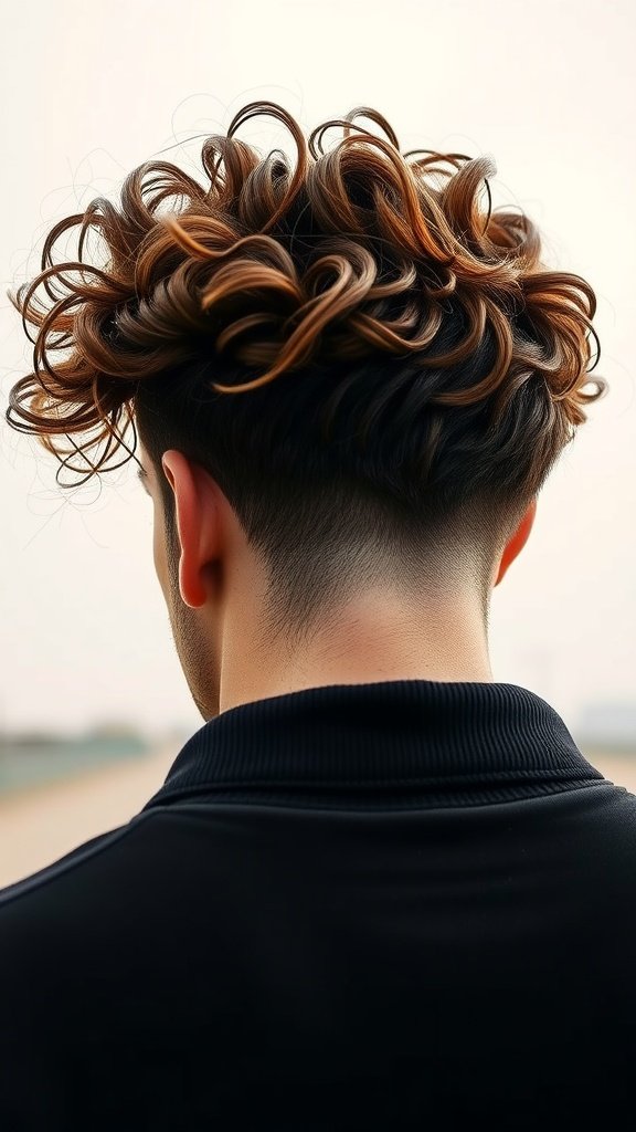 Back view of a man with long curly hair styled in an undercut.