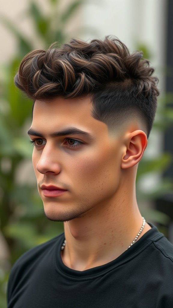 A man with a textured curly top hairstyle and a fade on the sides.