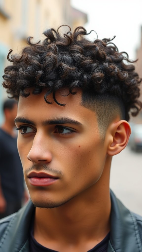 A young man with a stylish short curly crop hairstyle, featuring tight curls on top and faded sides.