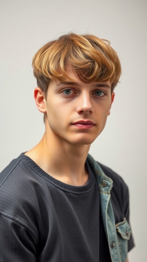 A young man with a curly fringe hairstyle, wearing a dark shirt and denim jacket.