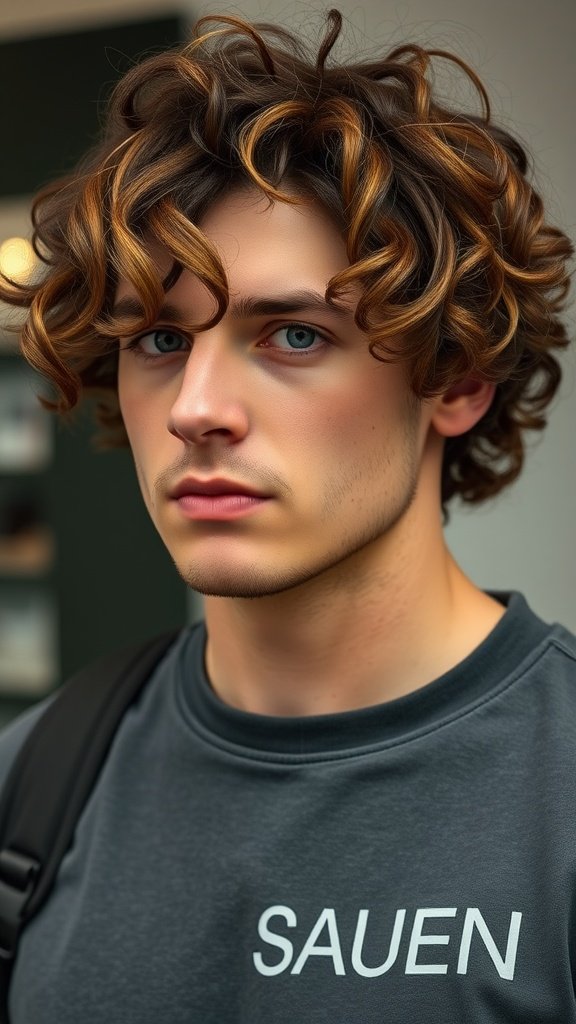 A young man with mid-length curly hair showcasing a stylish look.