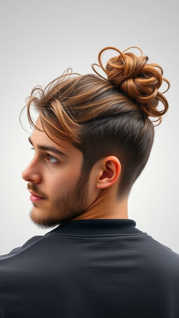 Man with a messy curly bun hairstyle