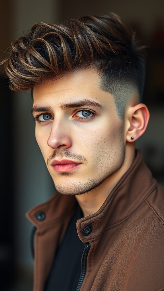 A young man with a curly quiff hairstyle, showcasing volume and texture, with shorter sides.