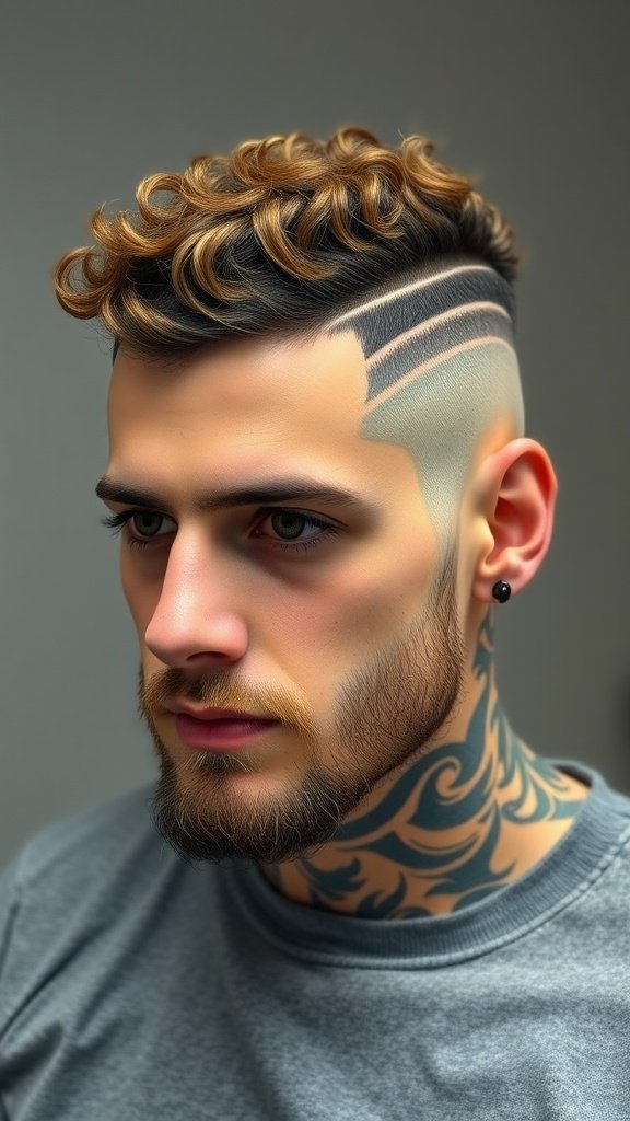 A man with curly hair styled on top and shaved designs on the sides.