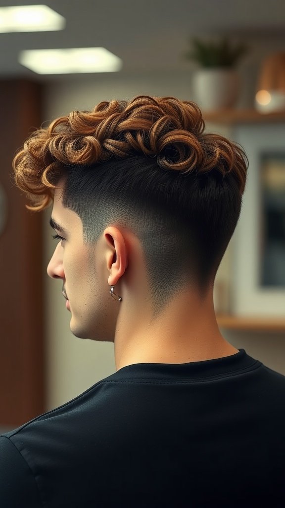 A young man with curly hair styled on top and tapered sides, showcasing a modern haircut.