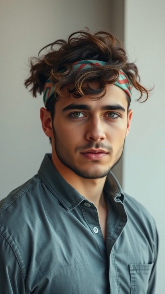 A young man with curly hair wearing a colorful headband and a button-up shirt.