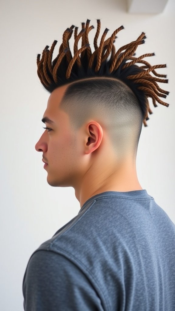 A man with a twisted curly mohawk hairstyle, featuring tightly styled curls and a faded undercut.