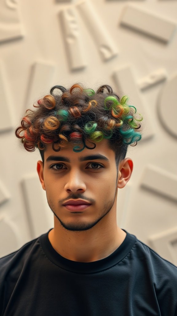 A young man with curly hair featuring colorful highlights.