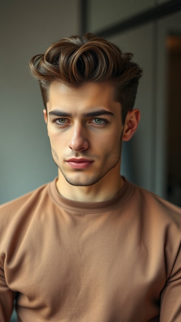 A young man with stylish side-swept curly hair, dressed in a casual brown shirt, looking confidently at the camera.