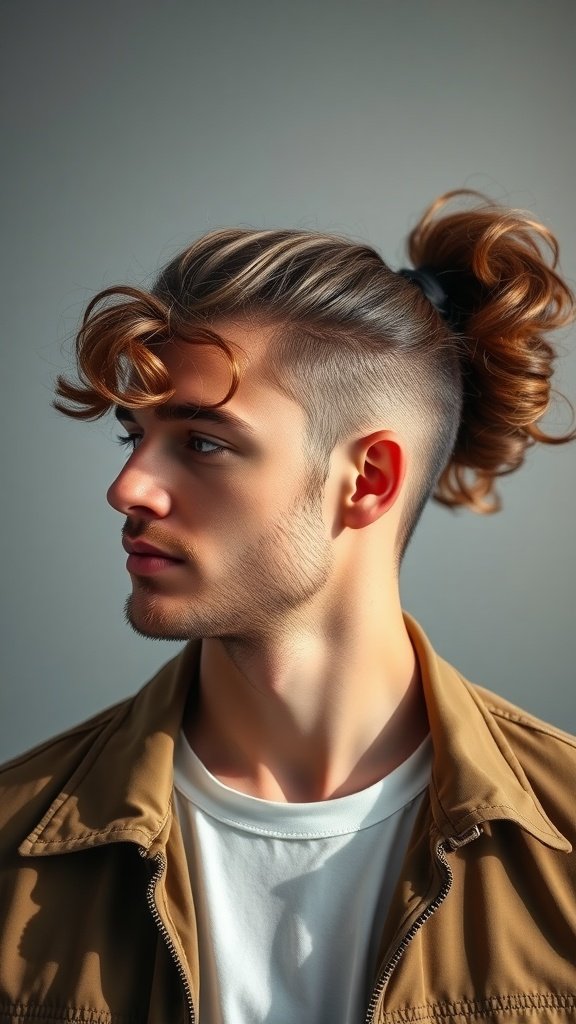 A young man with a loose curly ponytail, showcasing a modern hairstyle.