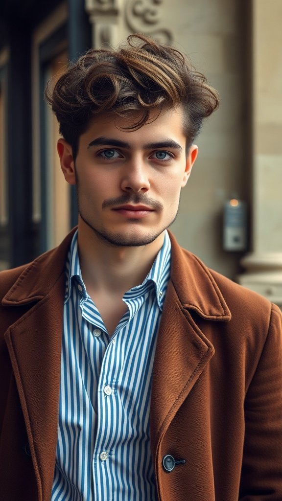 A young man with stylish retro curly hair, wearing a brown coat and striped shirt.