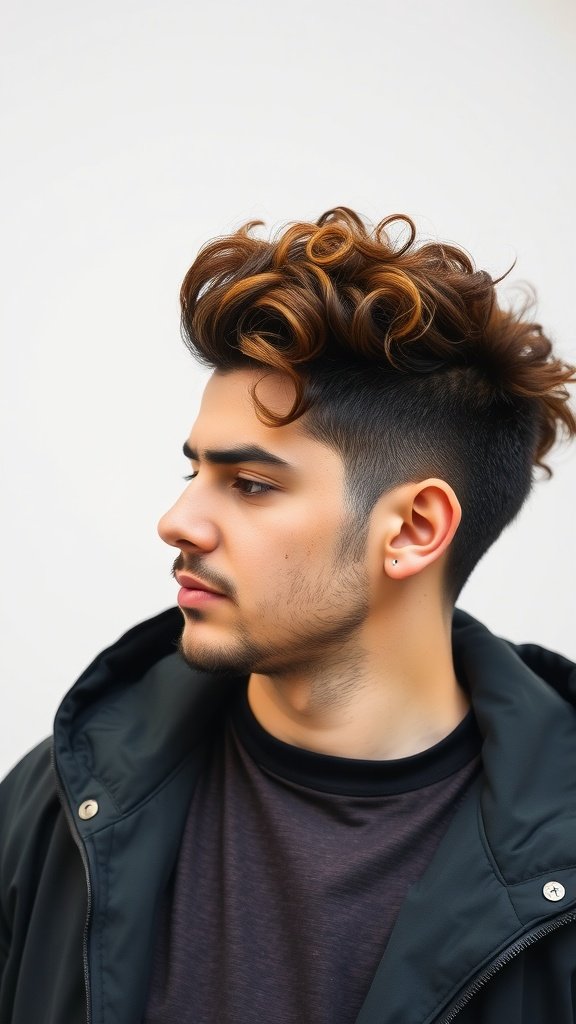 A man with voluminous curly hair styled with a modern touch.