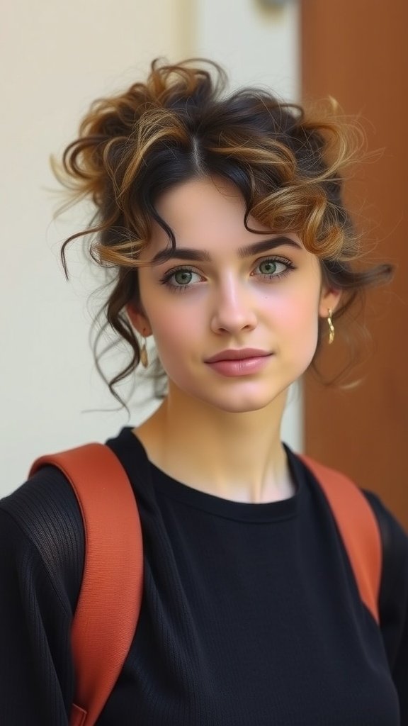 A young woman with a messy curly updo, showcasing loose curls and a natural, casual look.