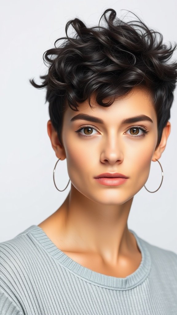 A woman with a stylish curly pixie cut, showcasing her natural curls.