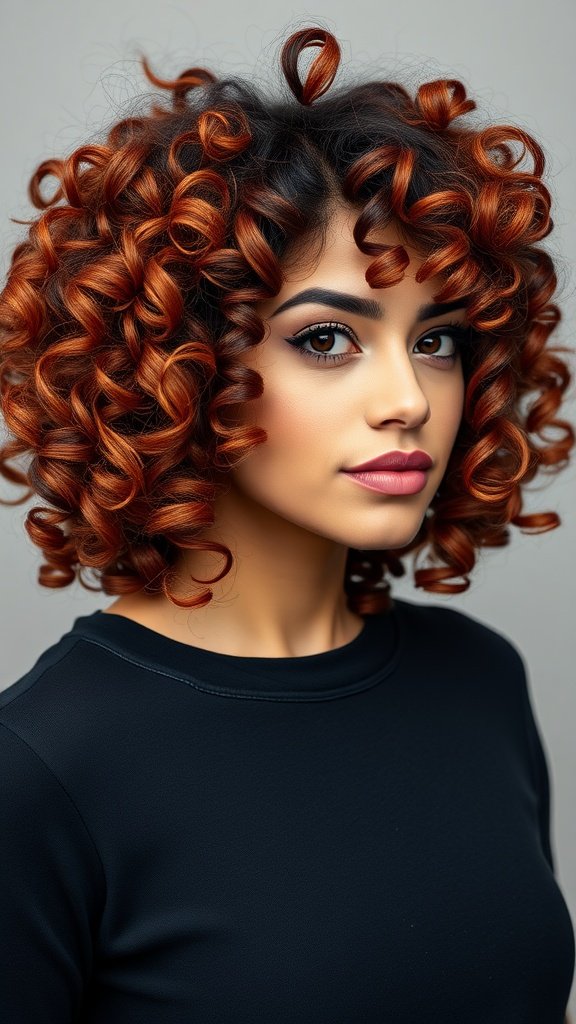 A woman with a bouncy curly bob hairstyle featuring vibrant curls.