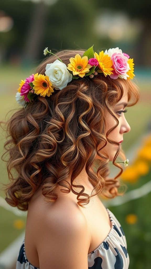 A woman with cute curly hairstyles adorned with a colorful flower crown.
