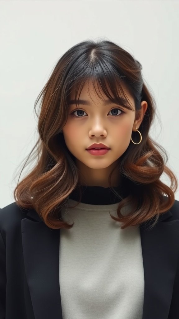 A young woman with shoulder-length curly hair and bangs, wearing a casual outfit.