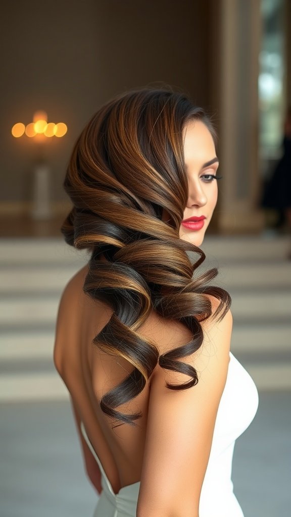 A woman with beautifully styled side-swept curls, showcasing a glamorous hairstyle.